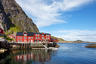 Traditional Rorbu fisherman`s hut, village, Moskenesoya, Lofoten Islands, North Norway, Norway