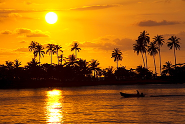 Sunset and fishing boat at the westcoast of Koh Chang Island, Trat Province, Thailand, Asia