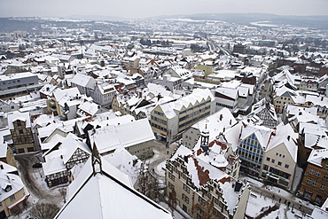 View from the parish church towards the snow covered rooftops, Bad Hersfeld, Hesse, Germany, Europe