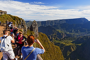 Maido, people looking into the caldera of Mafate, La Reunion, Indian Ocean