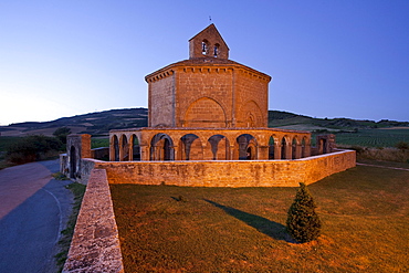 Santa Maria de Eunate, romanic church from the 12th century, mozarabic, near Puente la Reina, Camino Frances, Way of St. James, Camino de Santiago, pilgrims way, UNESCO World Heritage, European Cultural Route, province of Navarra, Northern Spain, Spain, Europe