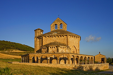 Santa Maria de Eunate, romanic church from the 12th century, mozarabic, near Puente la Reina, Camino Frances, Way of St. James, Camino de Santiago, pilgrims way, UNESCO World Heritage, European Cultural Route, province of Navarra, Northern Spain, Spain, Europe