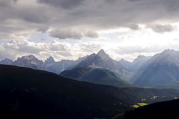 Dreischusterspitze under clouded sky, Innichen, Val Pusteria, Dolomites, South Tyrol, Italy, Europe