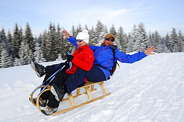 Couple sledging on winter hiking trail in snowy landscape, Hemmersuppenalm, Reit im Winkl, Chiemgau, Bavaria, Germany, Europe