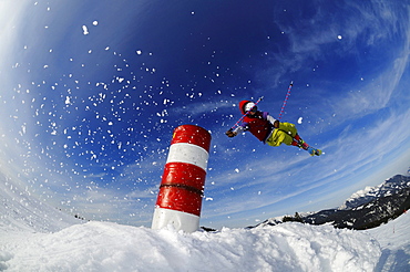 View at skier during jump, Reit im Winkl, Chiemgau, Upper Bavaria, Bavaria, Germany, Europe