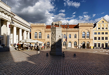 Lion Monument, Columns Building, City Hall, Market Place, Schwerin, Mecklenburg-Western Pomerania, Germany