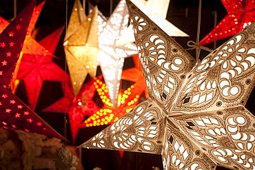 Illuminated stars at Christmas Market, Hamburg, Germany