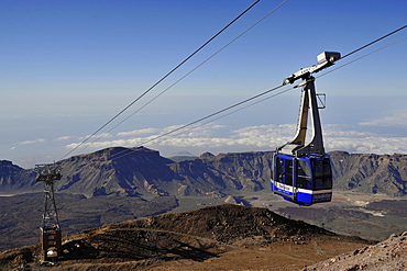 Cable railway high above Canadas de Teide mowing to mountain station, Teide Nationalpark, Tenerife, Spain