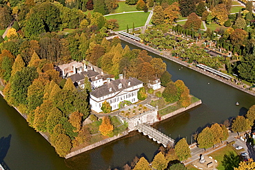 Aerial view of Bad Pyrmont castle and gardens, moat and palm garden, Lower Saxony, Germany