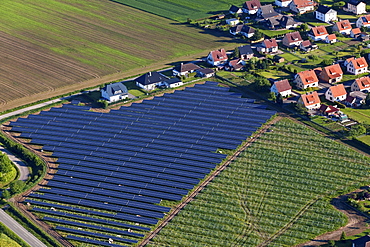 Aerial view of solar panels near Holzminden, housing settlement, Lower Saxony, Germany