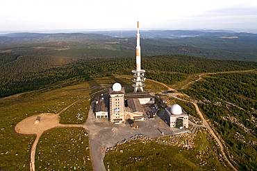 Aerial view above the Brocken mountain in Harz National Park with radio transmitter, Saxony-Anhalt, Germany