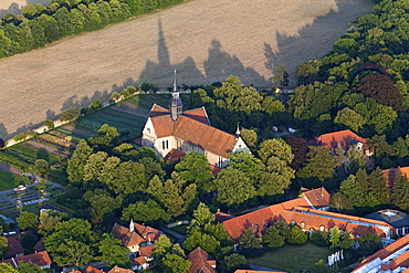 Aerial view of Riddagshausen Abbey monastery near Brunswick, shadow of the roof, Lower Saxony, Germany