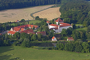 Aerial of Derneburg Castle, former monastery, once home to artist Georg Baselitz, Holle, Hildesheim, Lower Saxony, Germany