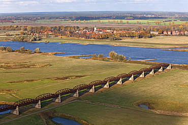 Aerial view of the Doemitz railway bridge monument, near Doemitz, bombed in 1945, former German border, Doemnitz, Lower Saxony, Germany