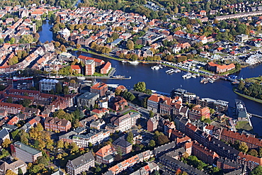 Aerial view of Emden harbour and the old town, Emden, Lower Saxony, Germany