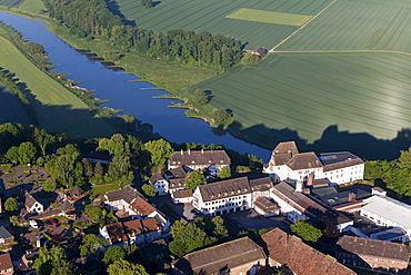 Aerial view of the famous porcelain manufacturer Fuerstenberg, Weser region, Fuerstenberg, Lower Saxony, Germany