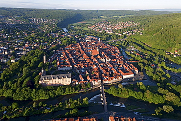 Aerial view of Hannoversch Muenden, Welfen castle on the banks of the Werra river, Lower Saxony, Germany