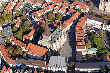 Aerial view of Osnabrueck, historic centre with Marien church and town Hall, Osnabrueck, Lower Saxony, Germany