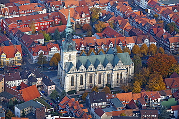 Aerial view of St Mary's Church, Marienkirche in Wolfenbuettel, Lower Saxony, Germany