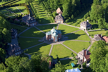 Aerial of the eight pavilions in a star formation at Clemenswerth palace and hunting lodge, Soegel, Lower Saxony, Germany