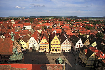 View from the tower of the town hall to the marketplace, Rothenburg ob der Tauber, Tauber valley, Romantic Road, Franconia, Bavaria, Germany