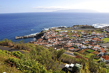 View at Vila Nova village, Island of Flores in background, Island of Corvo, Azores, Portugal, Europe