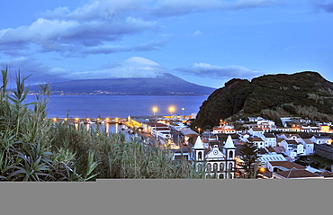 View at the town of Horta and neighbouring island Pico at dusk, Island of Faial, Azores, Portugal, Europe