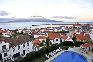 View at the town of Horta and neighbouring island Pico at dusk, Island of Faial, Azores, Portugal, Europe