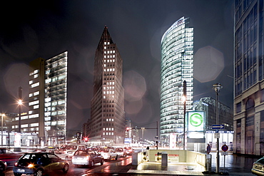 Potsdamer Platz, from left to right, Renzo Piano Tower, Hans Kollhoff Tower, Bahn Tower, Berlin-Mitte, Berlin, Germany, Europe