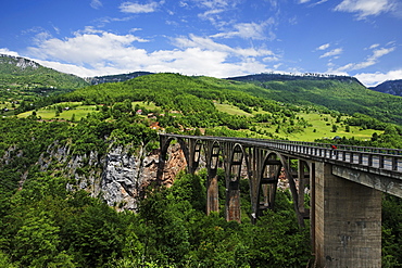 View of Tara Bridge and Tara Valley under clouded sky, Montenegro, Europe