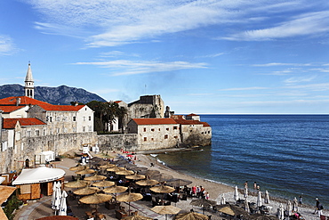 View of the citadel and city beach, Budva, Montenegro, Europe