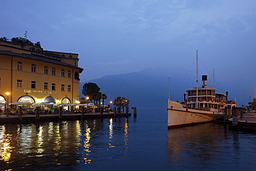 Quay in the evening, Paddle Wheel Steamer at the pier, Riva, Lake Garda, Trento, Italy