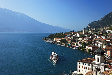 Paddle Wheel Steamer, view over Limone, Lake Garda, Lombardy, Italy