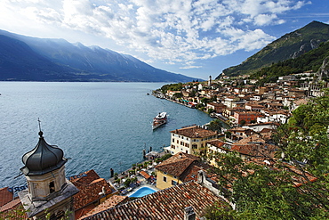 Excursion boat, view over Limone, Lake Garda, Lombardy, Italy