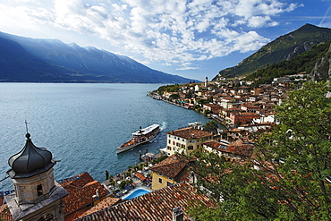 Excursion boat, view over Limone, Lake Garda, Lombardy, Italy