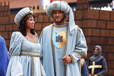 Couple, Procession in traditional costumes, Palio, Alba, Langhe, Piedmont, Italy