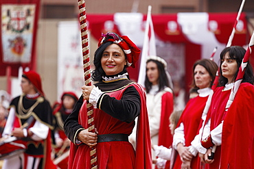 Standard bearer, Procession in traditional costumes, Palio, Alba, Langhe, Piedmont, Italy