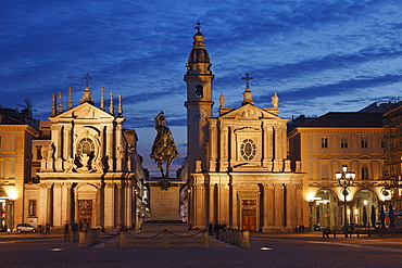 Statue Emanuele Filiberto, Church of Santa Cristina, Church of San Carlo, Piazza San Carlo, Turin, Piedmont, Italy