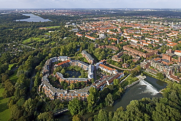 aerial view of housing settlement, Doehrener Wolle, on an island of the Leine River, Hanover, Lower Saxony, northern Germany