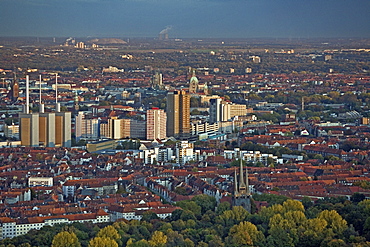 aerial view of Linden district with power station and high rise flats of the Ihme Zentrum, Hanover, Lower Saxony, northern Germany