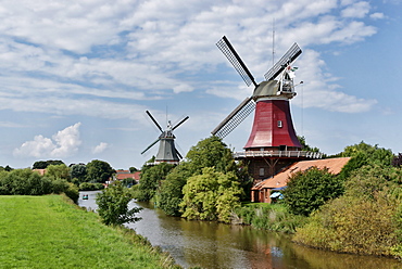 Twin windmills, Greetsiel, East Frisia, Lower Saxony, Germany