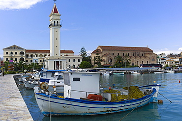 Fishing boats in the harbor with St. Dionysios Church in the background, Zakynthos Town, Zakynthos, Greece, Europe