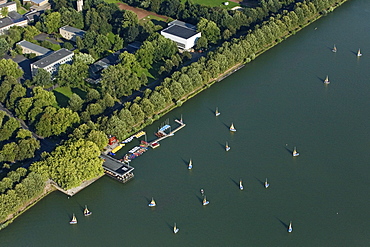 aerial view of Machsee Lake in Hannover Pier 51 restaurant and sailing boats, avenue of trees, Hanover, Lower Saxony, northern Germany