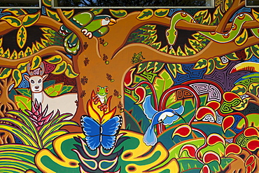 Colorful mural depicting Costa Rican wildlife outside souvenir shop, Cebadilla, Puntarenas, Costa Rica, Central America, America