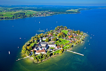 Aerial view of the Frauenchiemsee Abbey, Fraueninsel in the background with Herrenchiemsee on the left side, Chiemsee, Chiemgau, Upper Bavaria, Bavaria, Germany