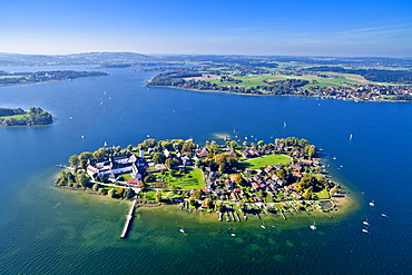 Aerial view of the Frauenchiemsee Abbey, Fraueninsel in the background with Herrenchiemsee on the left side, Chiemsee, Chiemgau, Upper Bavaria, Bavaria, Germany