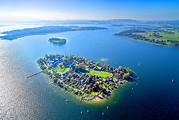 Aerial view of the Frauenchiemsee Abbey, Fraueninsel in the background with Herrenchiemsee on the left side, Chiemsee, Chiemgau, Upper Bavaria, Bavaria, Germany