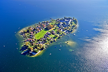 Aerial view of the Frauenchiemsee Abbey, Fraueninsel in the background with Herrenchiemsee on the left side, Chiemsee, Chiemgau, Upper Bavaria, Bavaria, Germany