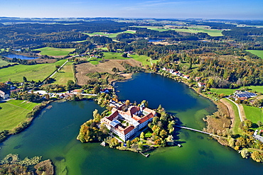 Aerial view of the Seeon Abbey, Seeon, Seon-Seebruck, Chiemsee, Chiemgau, Upper Bavaria, Bavaria, Germany