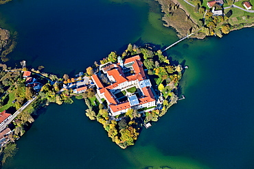 Aerial view of the Seeon Abbey, Seeon, Seon-Seebruck, Chiemsee, Chiemgau, Upper Bavaria, Bavaria, Germany